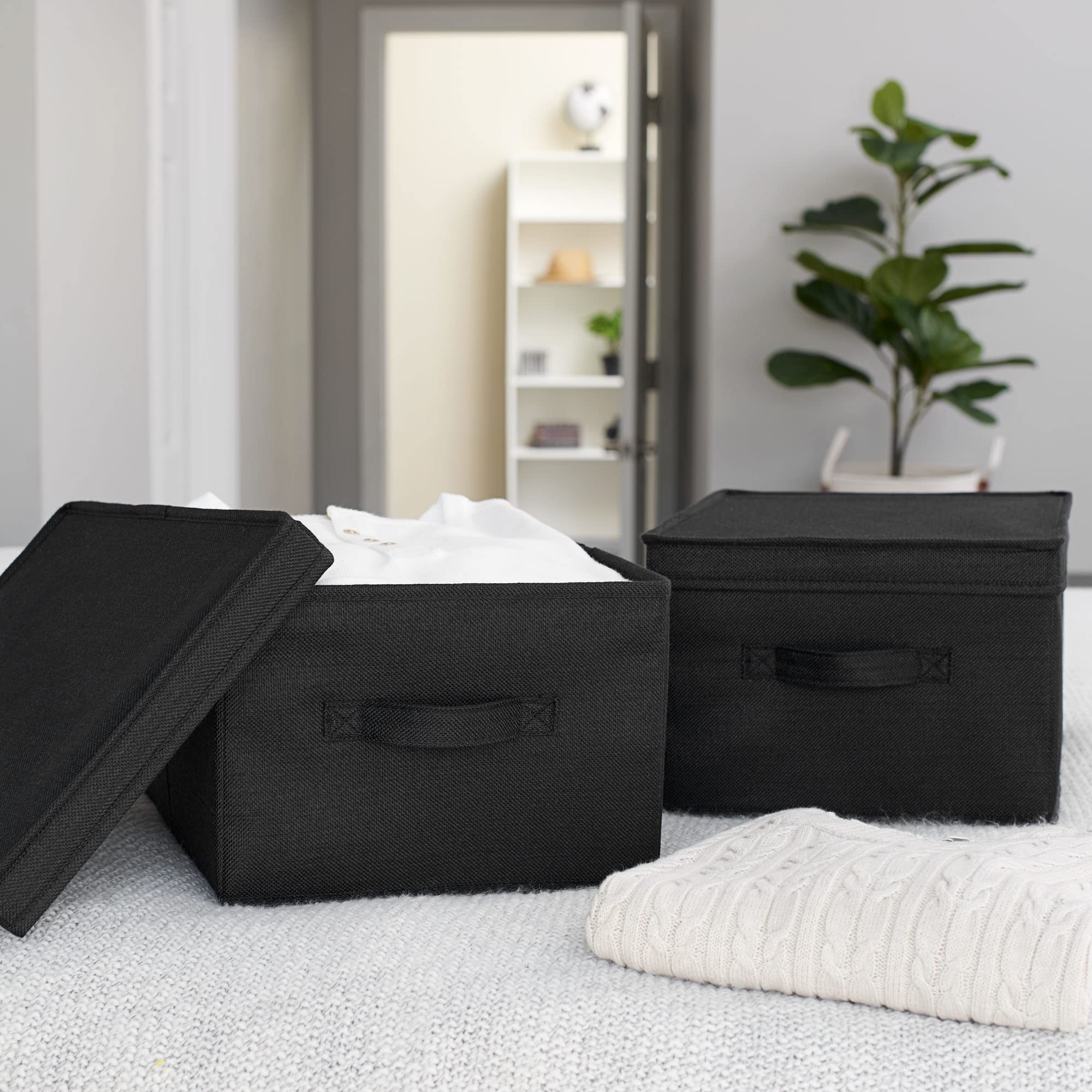 Household Essentials Wide Canvas Storage Box With Lid Box, 18.5x15x12 in., Latte, Set of 2