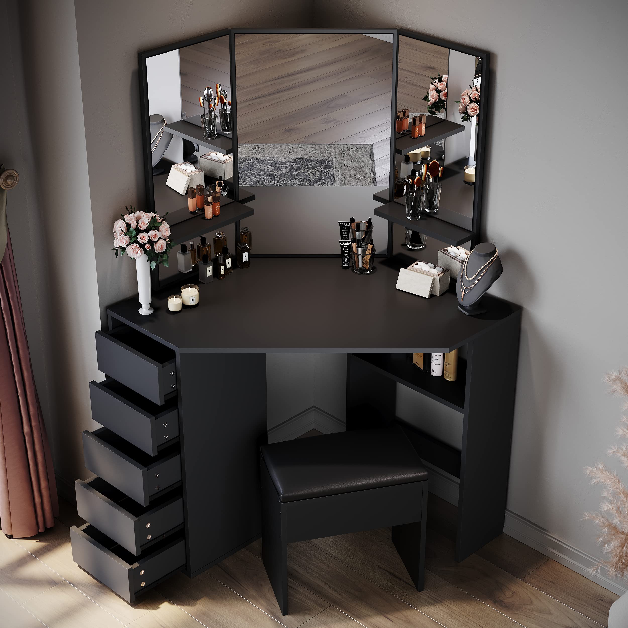 ELEGANT Corner Dressing Table with Padded Stool, Vanity Desk with 5 Drawers