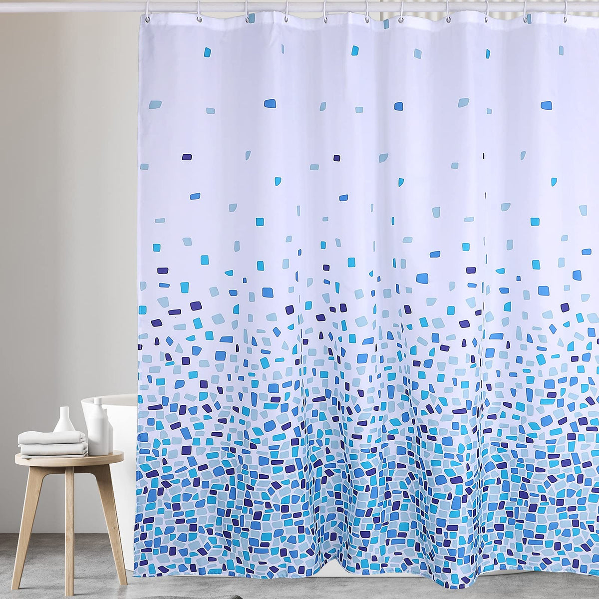 VIROSA Mosaic Blue Shower Curtain for Bathroom Anti Mould, Mildew Resistant | Size 180x180 cm (71 x 71 Inch) | Water Repellant Fabric | 100% Polyster