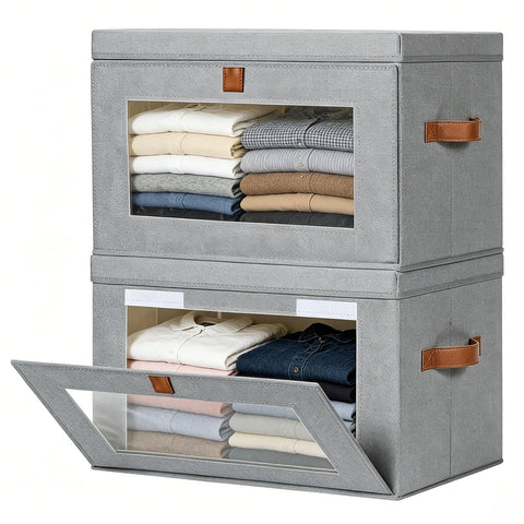 2 Pack Wardrobe Storage Boxes with Lids, Clear Window 37L Large Clothes Storage, Collapsible Storage Box with PU Handles