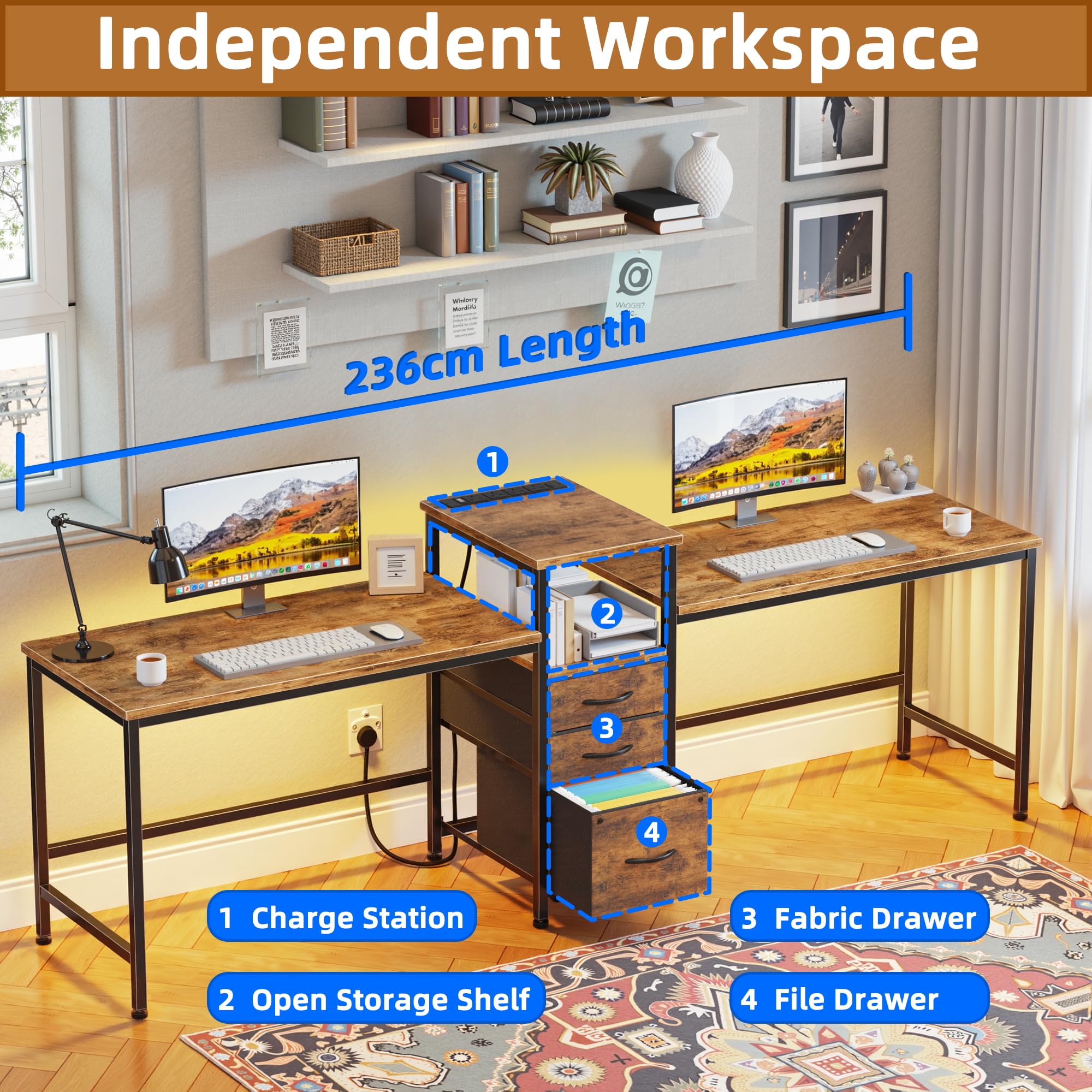 OYRREU 236cm Double Desk with Charging Station, LED & Drawers for 2 Person