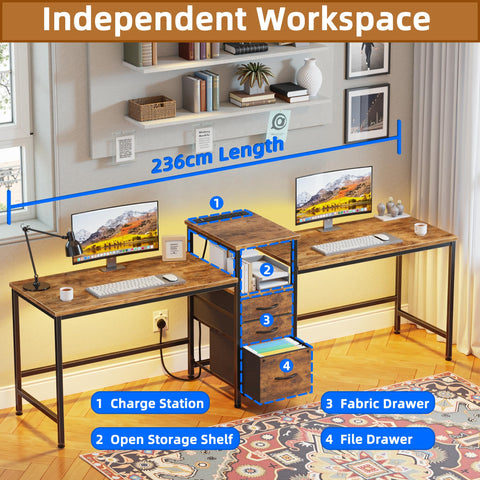 OYRREU 236cm Double Desk with Charging Station, LED & Drawers for 2 Person