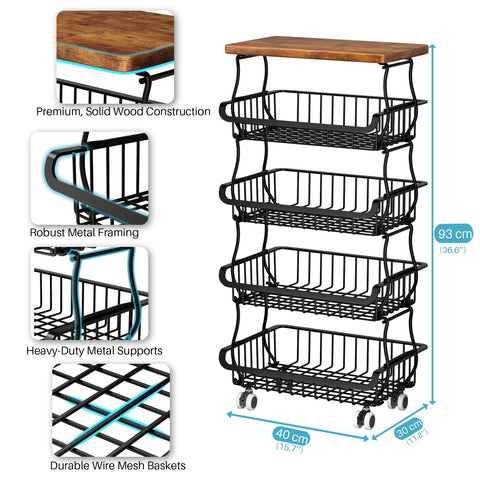 5 Tier Vegetable Fruit Basket for Kitchen, Stackable Metal Fruit and Vegetable Storage Baskets with Rolling Wheels Cart