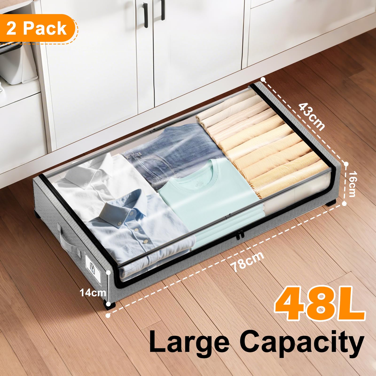Utoimain 2-Pack Under Bed Storage Box with Lid and Wheels, Under the Bed Storage Containers with Clear Lids & Label