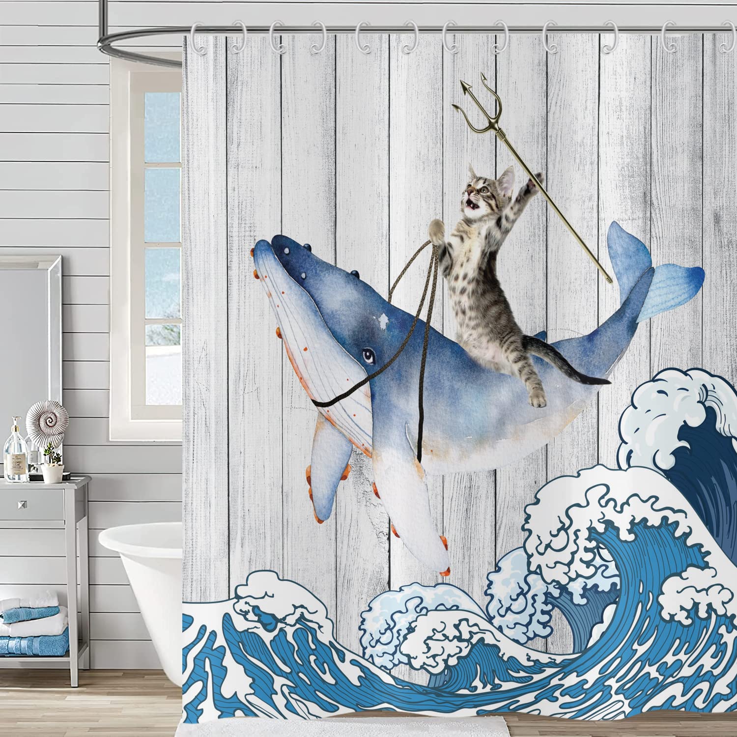 Hnmdmyi Funny Cat Shower Curtain 180x180, Cool Cat Riding Whale with Japan Kanagawa Waves on Rustic Wooden Bathroom Curtains Cute Kids Farmhouse