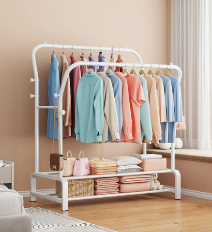 OPPAIYA Heavy Duty Clothes Rail with Double Hanging Rods & 8 Hooks,Clothing Rack with Wide Bottom Base