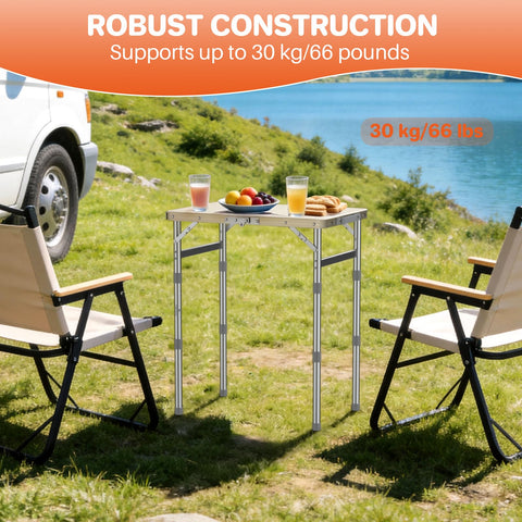 FUNYKICH Camping Table with Plastic Tabletop 58x40cm, 3 Height Adjustable Small Folding Table