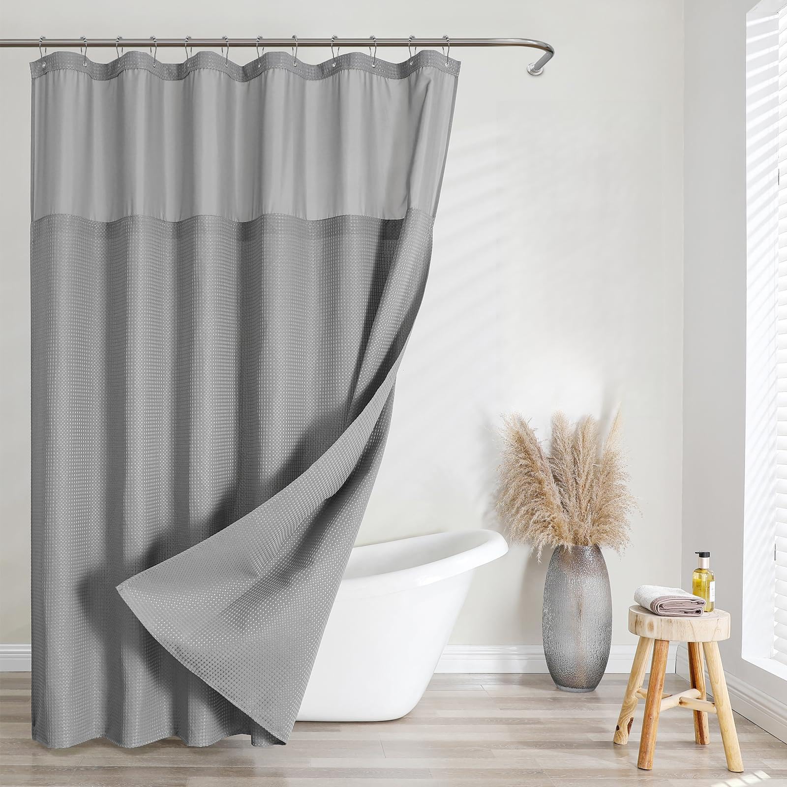 FY&XZH Waffle Shower Curtain with Hooks, Heavy Waterproof Fabric Shower Curtain with TPU Coated Back, 72"x72" Hotel Style with Mesh Window