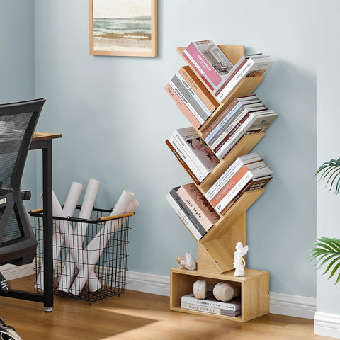 Hoctieon 6 Tier Tree Bookshelf, Tall Bookcase with Drawer, Freestanding Book Shelf, Display Floor Standing Storage Shelf