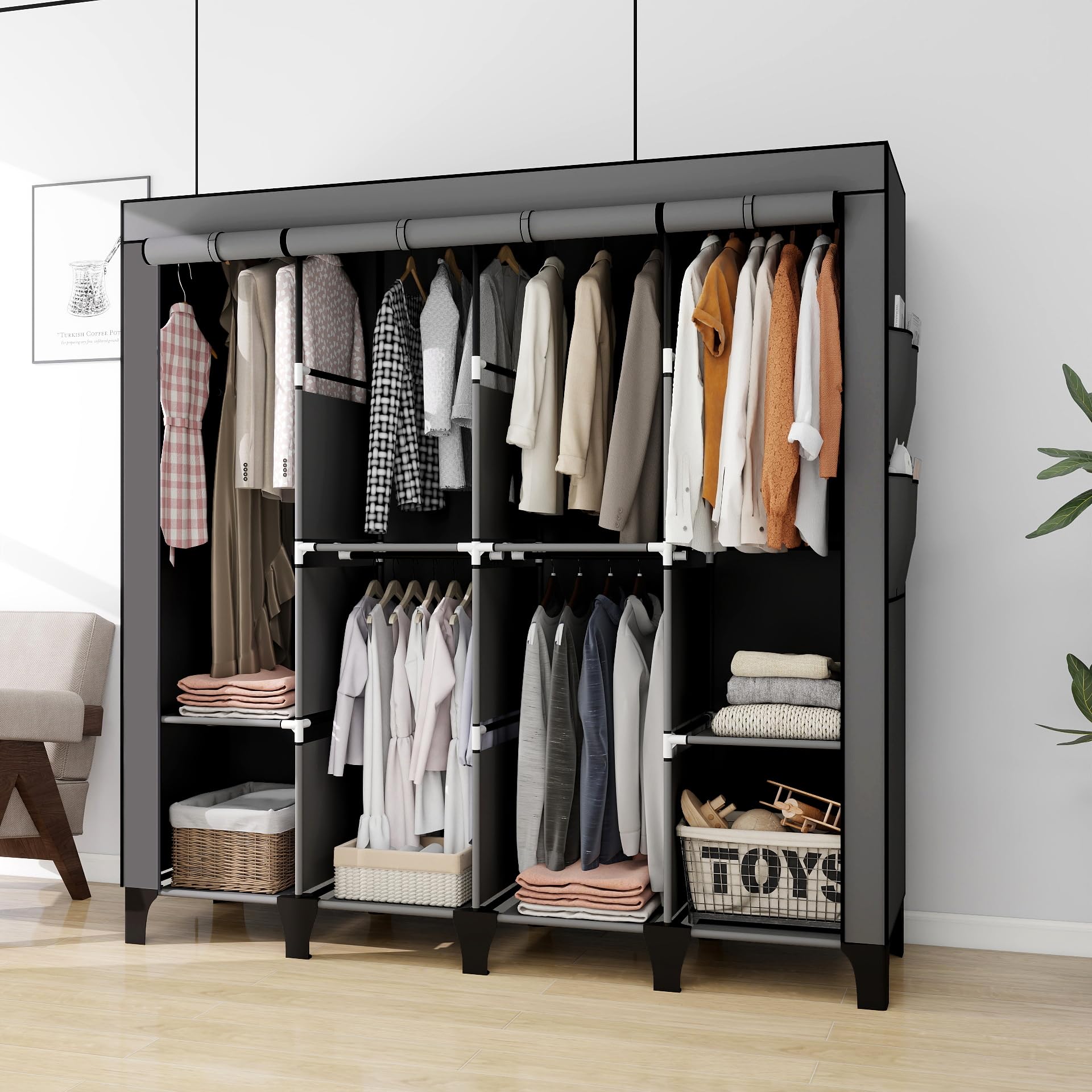 OPPAIYA Extra Large Canvas Wardrobe with 6 Hanging Rails, Portable Fabric Bedroom Wardrobes with 8 Shelves & 8 Side Pockets