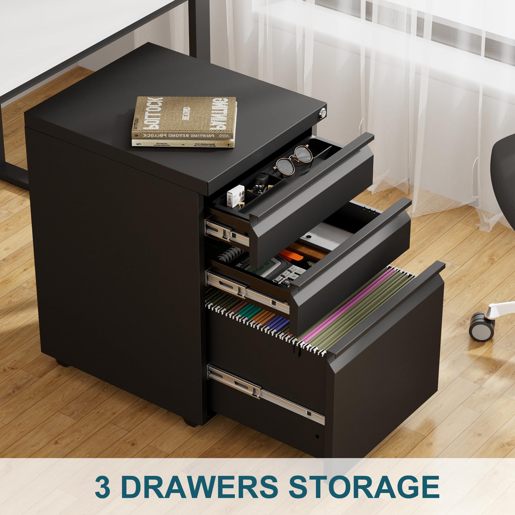 LVSTEEL Mobile Filing Cabinet, Lockable 3 Drawers with Suspension File Hanging Rails, With 4 Keys