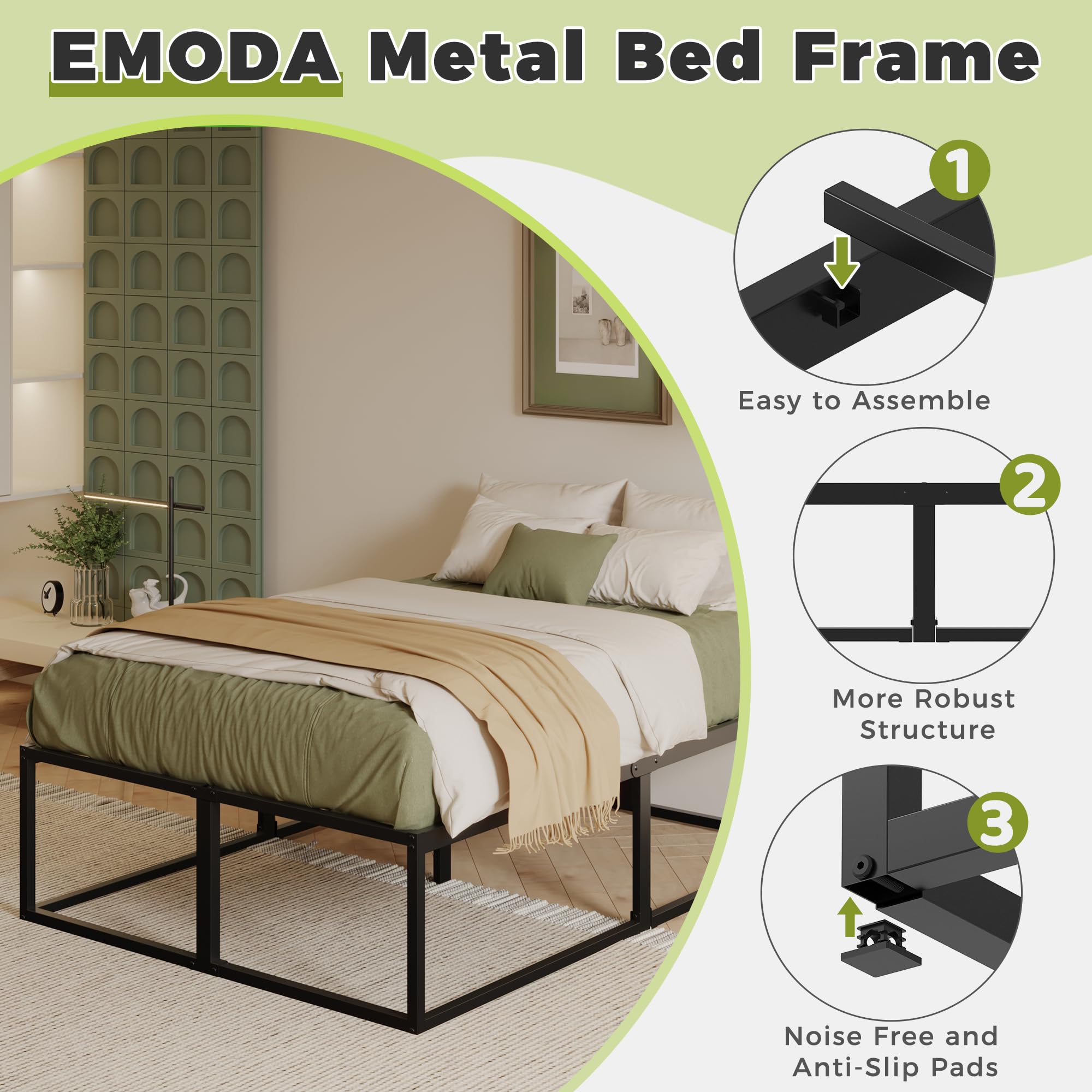 EMODA 46 cm High Metal Bed Frame 150x190 cm, Black