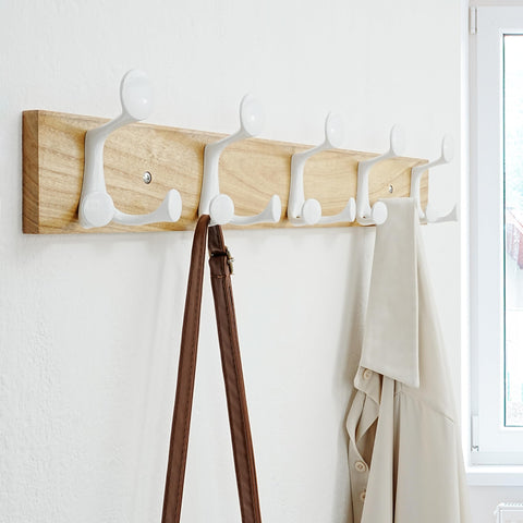 SKOLOO 61cm Natural Wood Coat Rack Wall Mount with 5 Triple Hooks - Ideal for Family Entrances, Classrooms, and Pet Supplies Storage