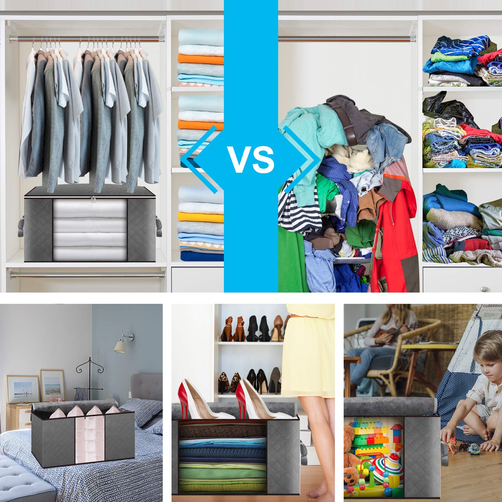 Cleaneaty Clothes Storage Bag 6Pack 90L Large Capacity Solution Organizer for Clothes, Duvets, Comforters, Blankets