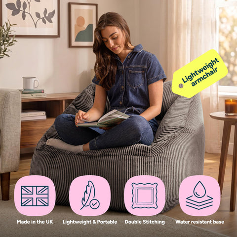 icon Natalia Cord Bean Bag Chair with Filling Included, Grey