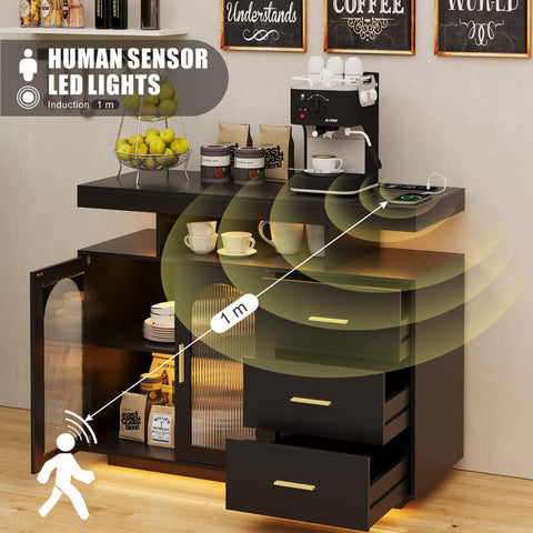 FREDEES Sideboard Buffet Cabinet with 3 Drawers and LED Lights, Black