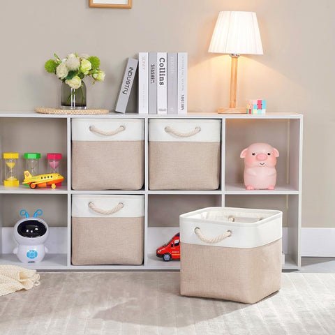 Mangata Fabric Storage Baskets,33 x 38 x 33cm Large Foldable Storage Boxes for Organizing Clothes Shelf Nursery Closet(Beige/White, Set of 4)