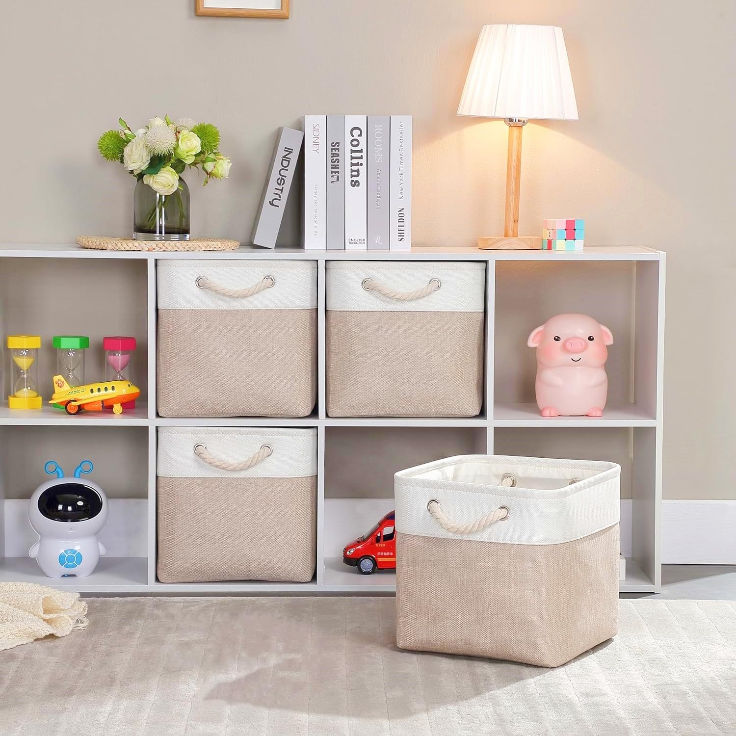 Mangata Fabric Storage Baskets,33 x 38 x 33cm Large Foldable Storage Boxes for Organizing Clothes Shelf Nursery Closet(Beige/White, Set of 3)