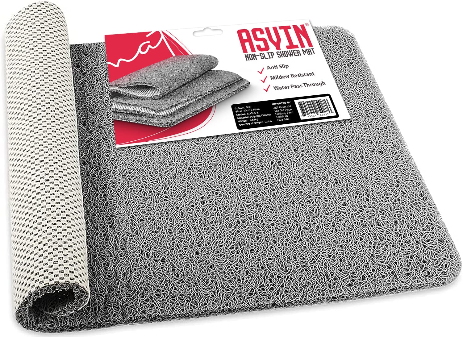 Asvin Non Slip Shower Mat & Bath Mat 40x60cm Grey, Anti Mould Loofah for Wet Floors & Inside Shower. OEKO-TEX 100 Certified, Phthalate Free
