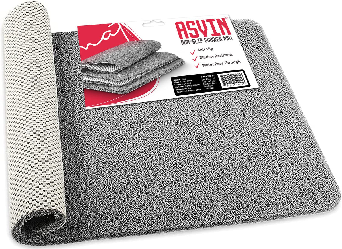 Asvin Non Slip Shower Mat & Bath Mat 40x60cm Grey, Anti Mould Loofah for Wet Floors & Inside Shower. OEKO-TEX 100 Certified, Phthalate Free