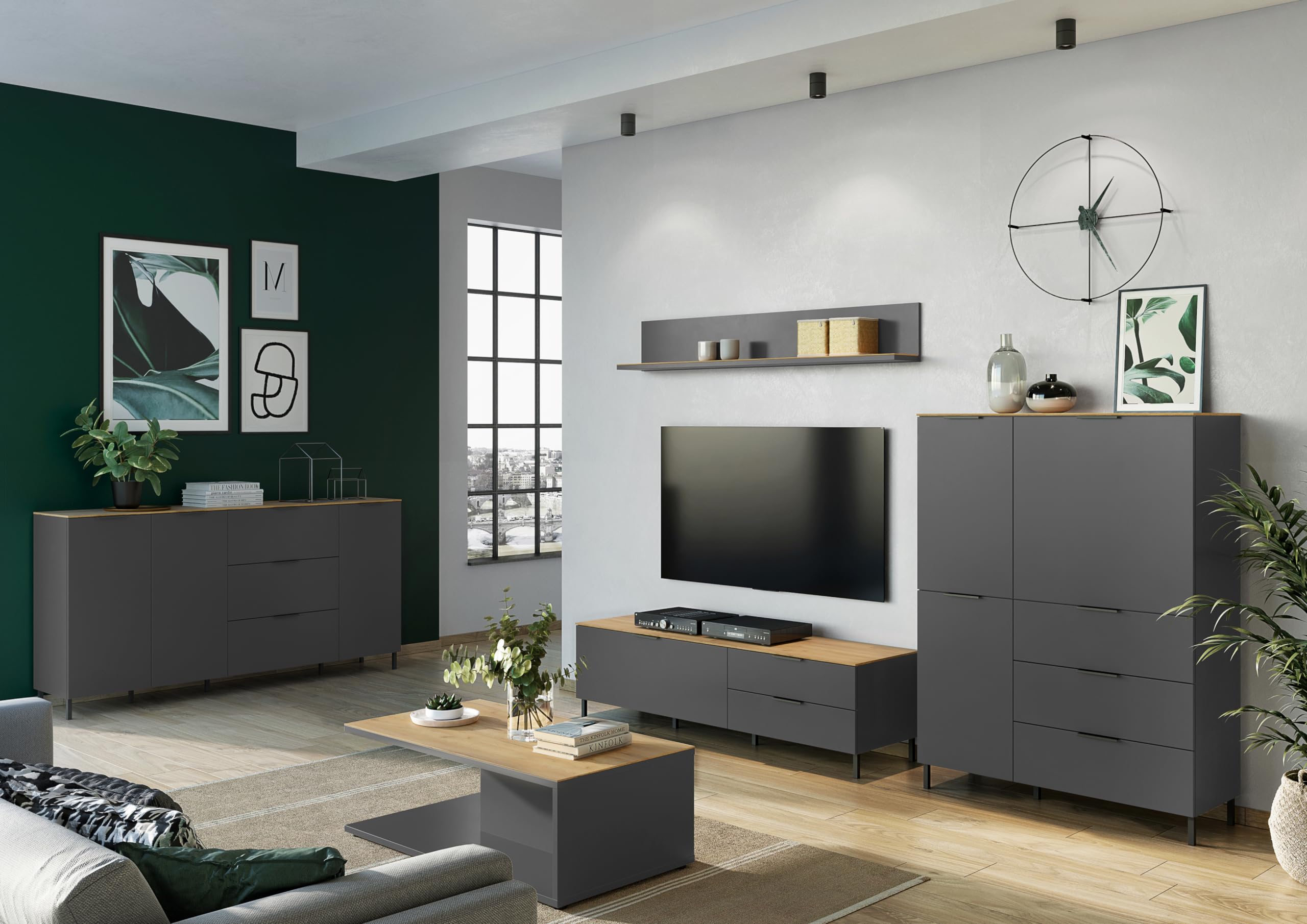 Germania Highboard 1470-549 GW-CALIFORNIA, in graphite/Navarra oak repro, with self-closing drawers, 109 x 146 x 40 cm (WxHxD)