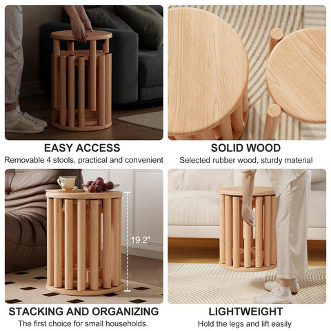 YQJJGL 4PCS Wood Stools, Rustic Stool, Wooden Chair, Kitchen Stools, Stackable Round Stools for Dining Room, Living Room, Classroom, Bedroom