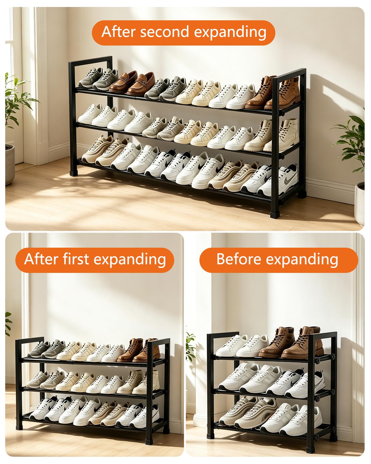 Anhow Extendable Shoe Rack, 3 Tier Adjustable Shoe Storage, 44 to 109 cm, Black Metal Free Standing Shoe Rack, Space Saving for Wardrobe, Closet