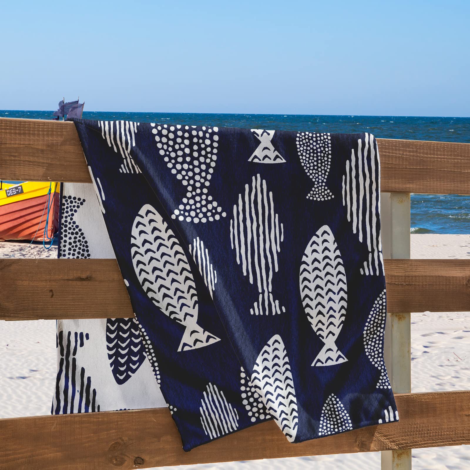 RESTILO Beach Towel Large 90 x 180 cm Cotton Terry Velour Bath Towel Blue White Fish