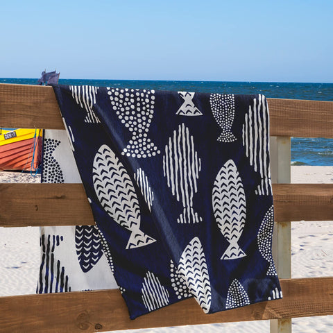 RESTILO Beach Towel Large 90 x 180 cm Cotton Terry Velour Bath Towel Blue White Fish