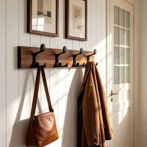 HONSKY Wall Mounted Coat Rack, 61cm Brown Pine Wood Base, 4 Black Sturdy Aluminium Alloy Triple Hooks(12 Hanging Points)