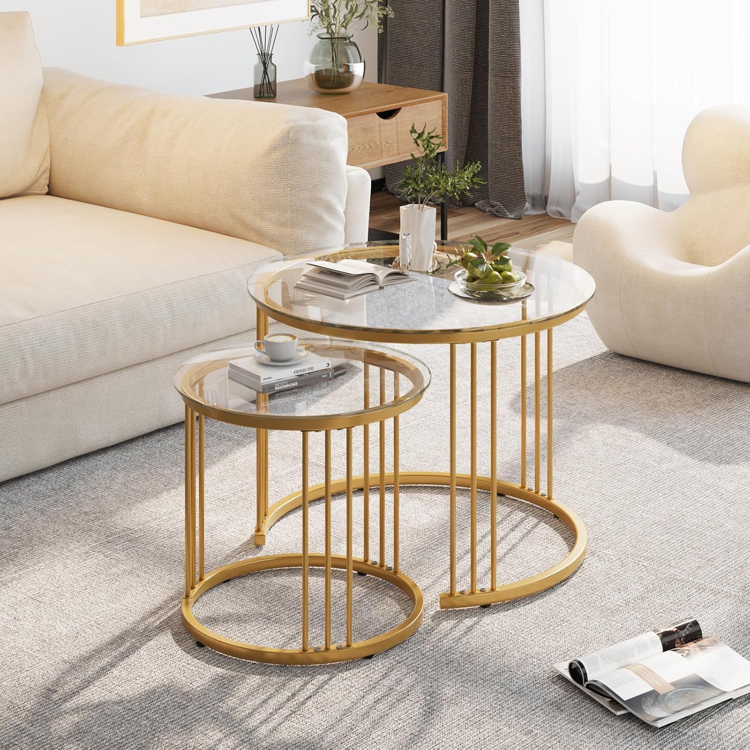 Huhote Round Coffee Tables, Set of 2 End Table, Nesting Tables, Side Table with Metal Frame for Living Room/Bedroom/Balcony/Office/Apartment