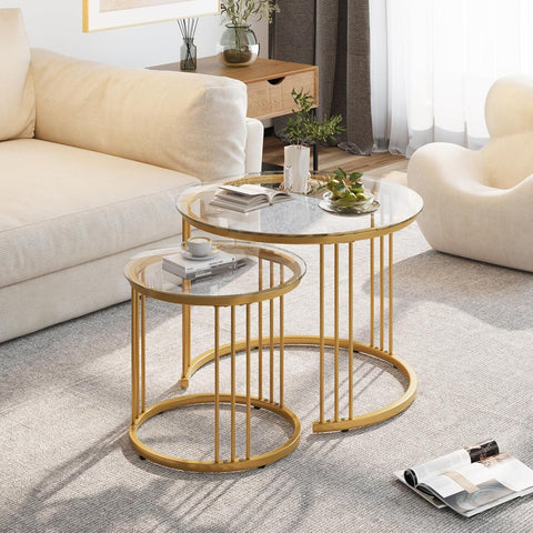 Huhote Round Coffee Tables, Set of 2 End Table, Nesting Tables, Side Table with Metal Frame for Living Room/Bedroom/Balcony/Office/Apartment