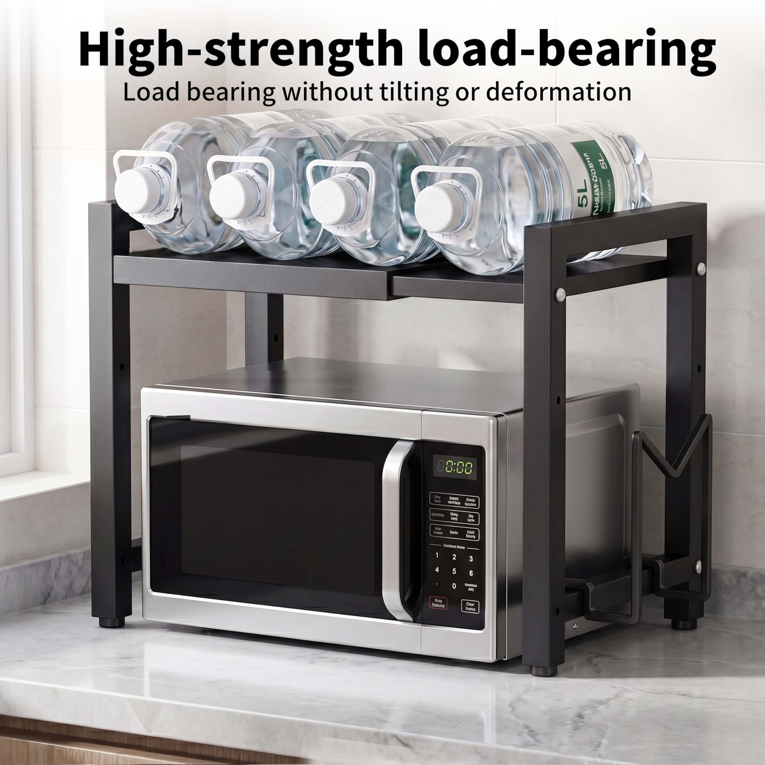 Kiseely Expandable Microwave Shelf, Shelf Stand Extendable for Kitchen Countertop, Oven Rack with 6 Hooks, Kitchen Countertop Organiser Shelves