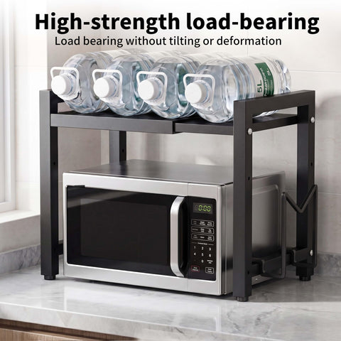 Kiseely Expandable Microwave Shelf, Shelf Stand Extendable for Kitchen Countertop, Oven Rack with 6 Hooks, Kitchen Countertop Organiser Shelves