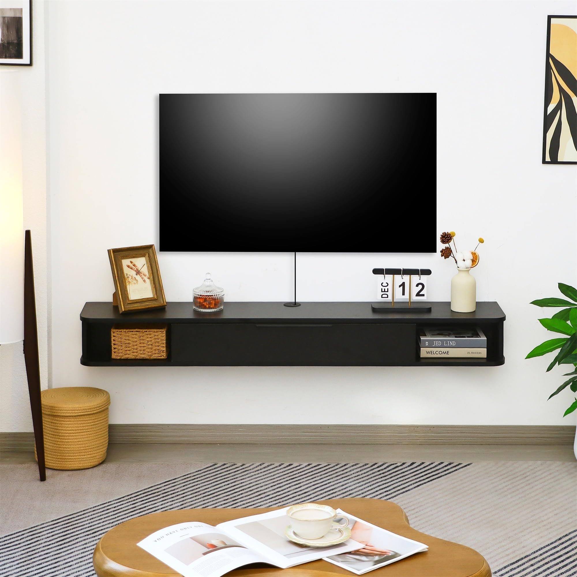 Mordchil EU Wall-mounted TV Cabinet Stand, 140cm Floating Media Console Under TV, Entertainment Shelf Center for Bedroom and Living Room, Black