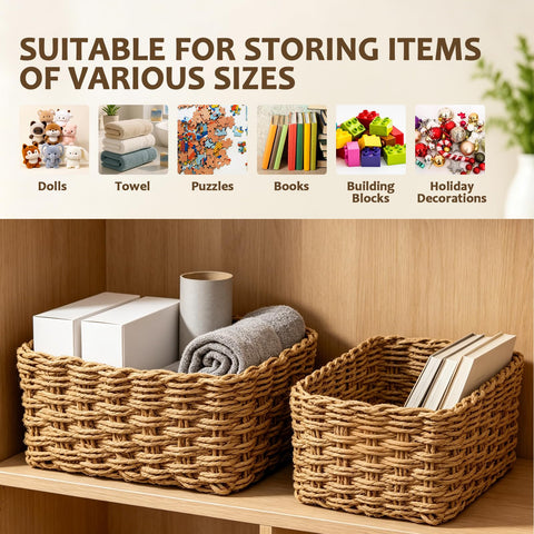 4PCS Woven Storage Baskets Set, Decorative Basket Organizer Storage Bins for Toys, Books, Clothes, Closet, Nursery, Bathroom