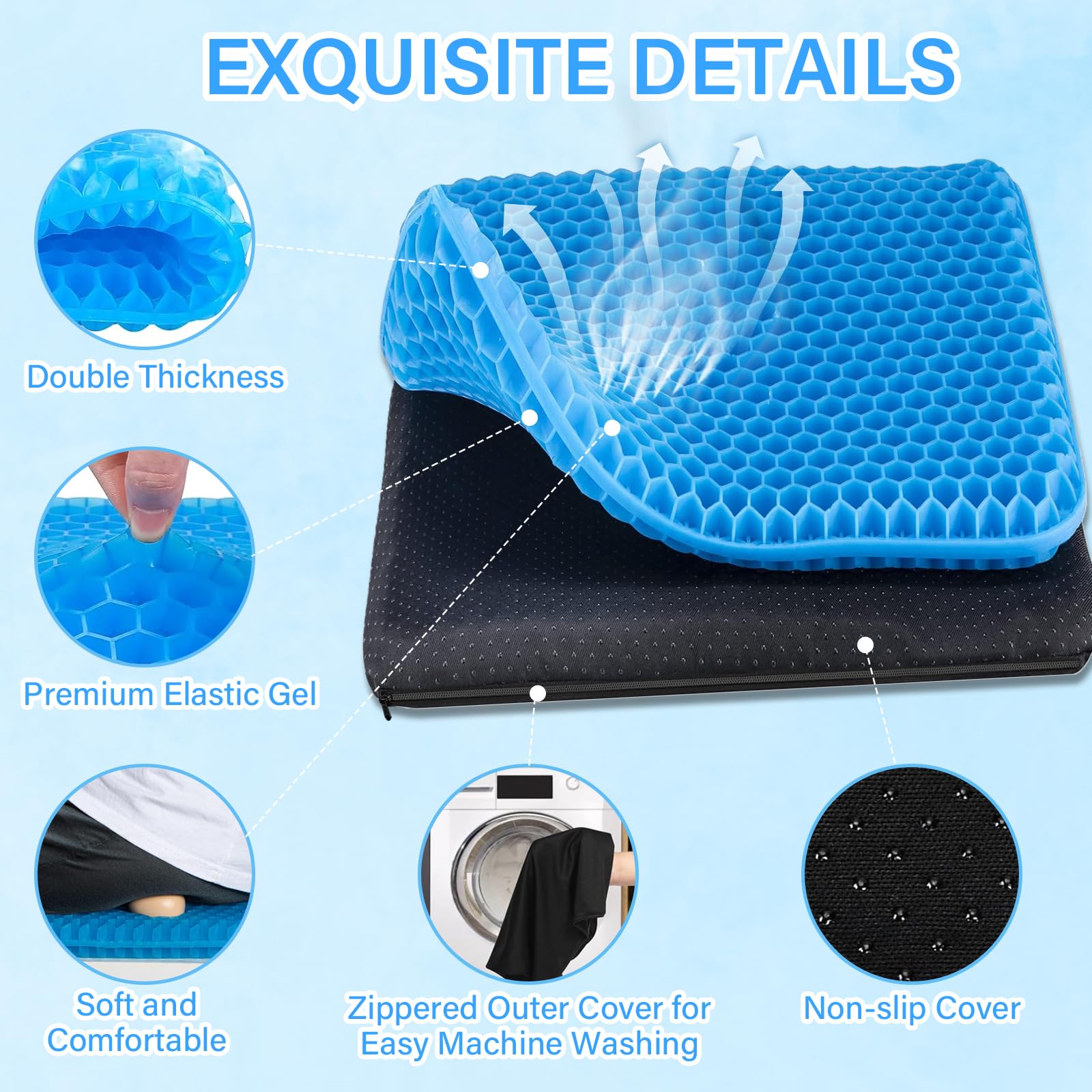 Audasi Gel Seat Cushion, Honeycomb Thick Gel Seat Pad for Bottoms Soft Sitter Cushion Relieving Back Coccyx Pressure Seat Cushions for Car Office