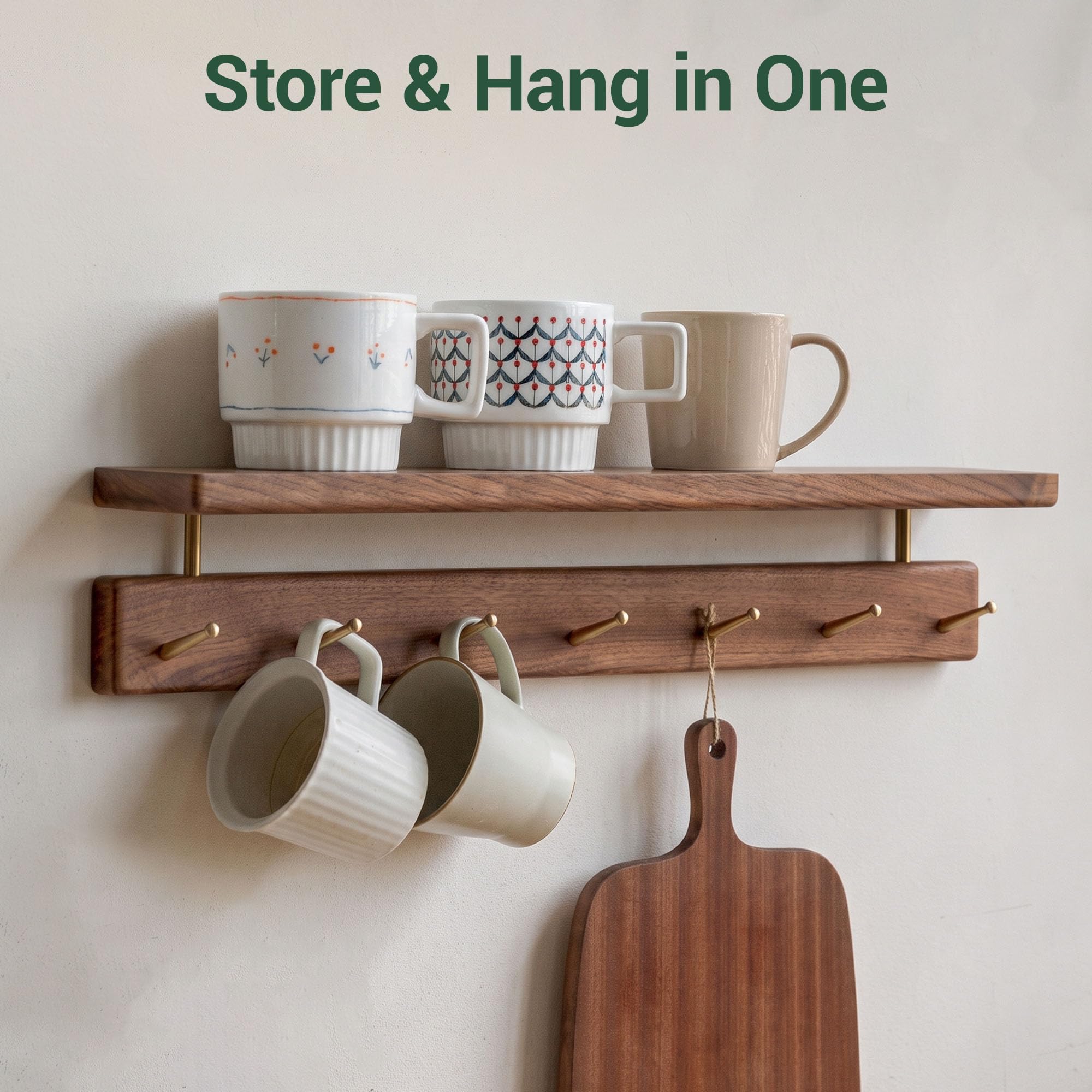 YESWOOD Solid Walnut Wall Mounted Coat Rack with Shelf, 7 Brass Hooks