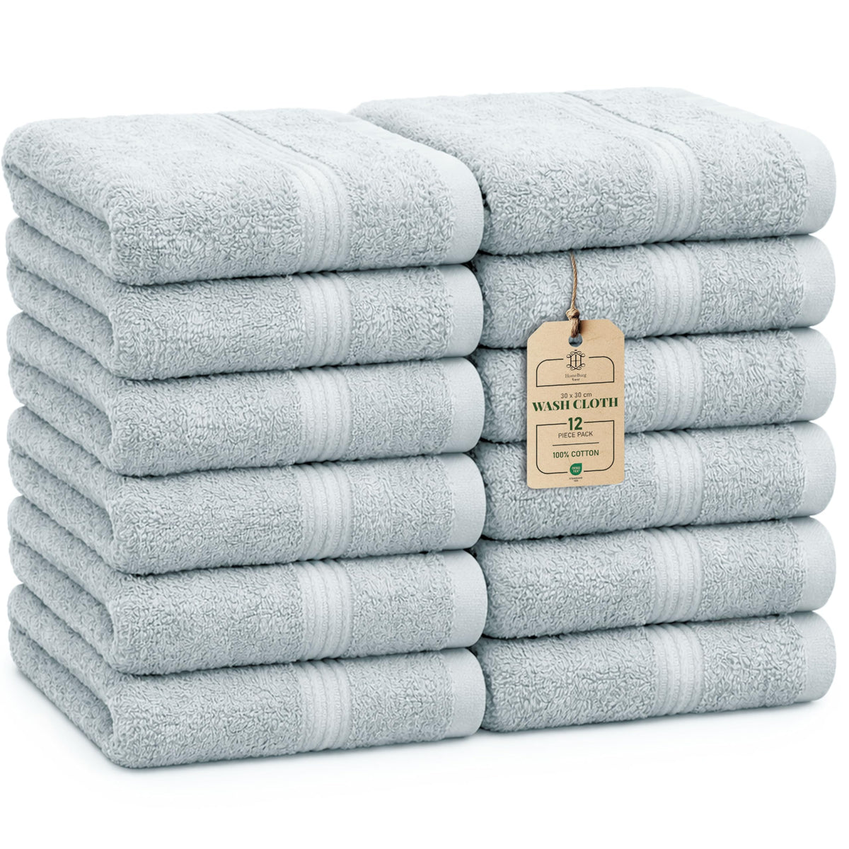 HomeBurg Luxe 12-Piece Washcloth Set - 100% Cotton, Soft & Absorbent, Easy Care, Premium Towels for Face & Daily Use, 30 x 30 cm, Ice Blue