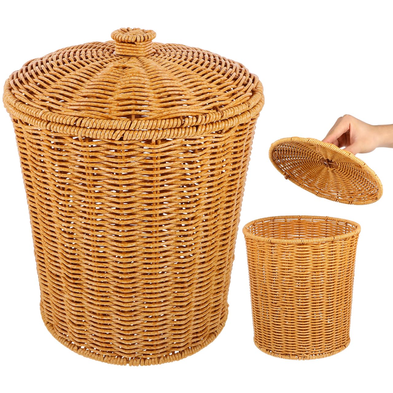 TOYANDONA Wicker Trash can Rattan Round Waste Basket with Lid Wicker Wastebasket Woven Storage Basket Clothes Container for Bathroom, Kitchen