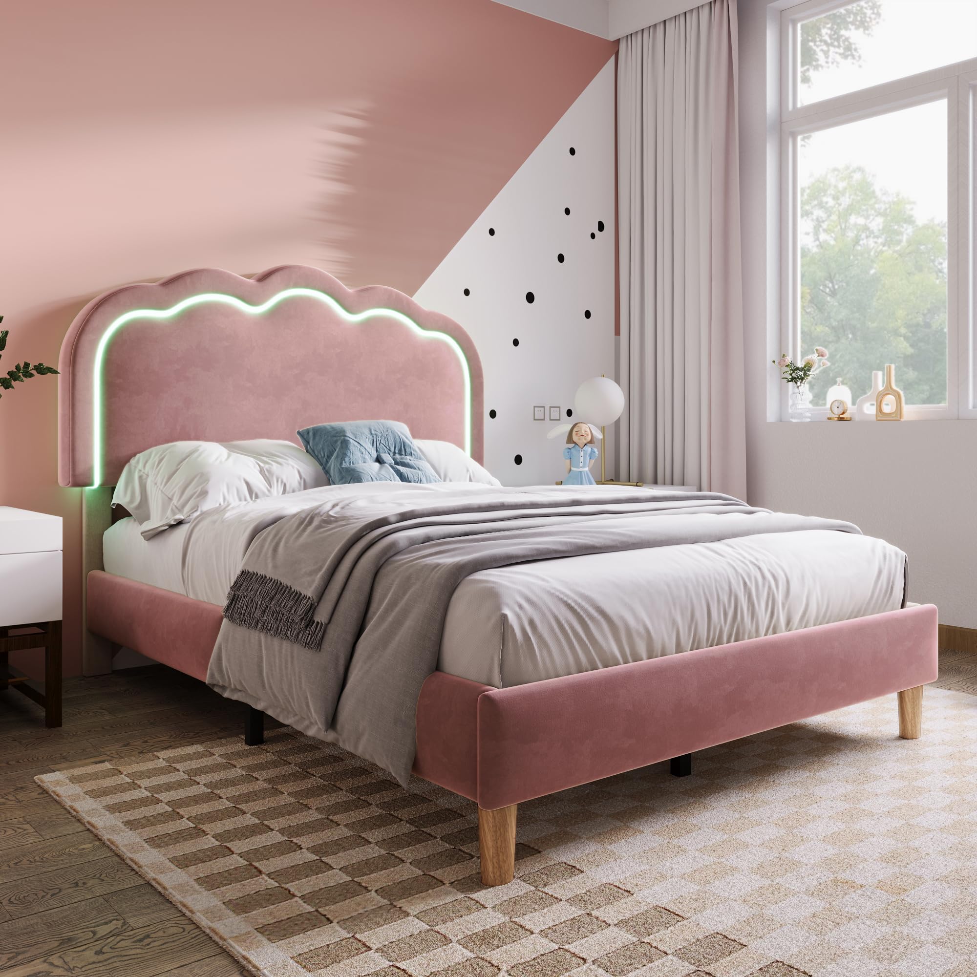 Merax Single bed frame, 3ft Single Upholstered Bed, Adjustable Height Puff Shaped LED Headboard, Sturdy Wooden Slat Support, Velvet Fabric