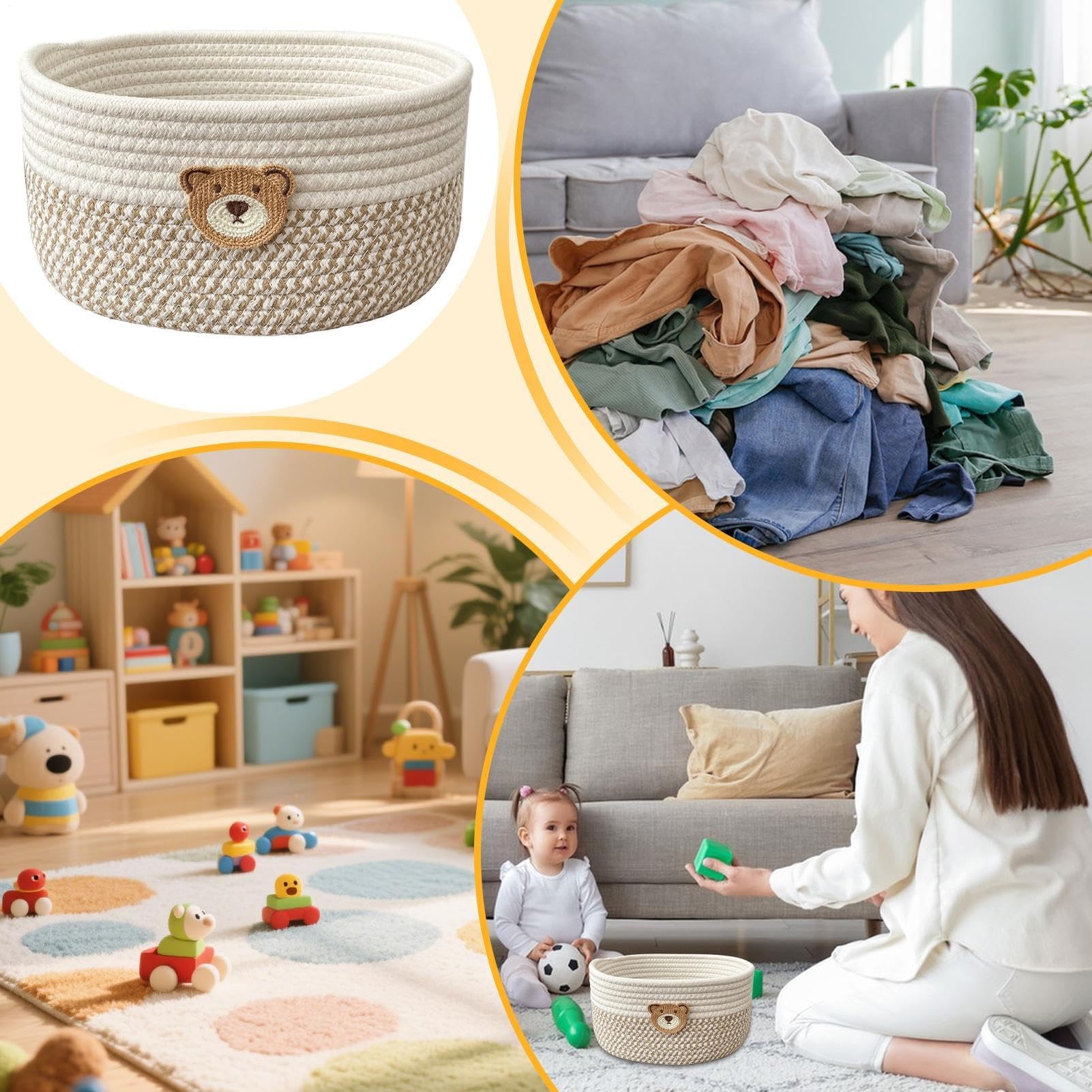 GOUHIDAMAI Rope Basket | Small Basket for Organizing | Decorative Box Cotton Organizer Bin for Laundry Room Bedroom Living Space Nursery Nightstands