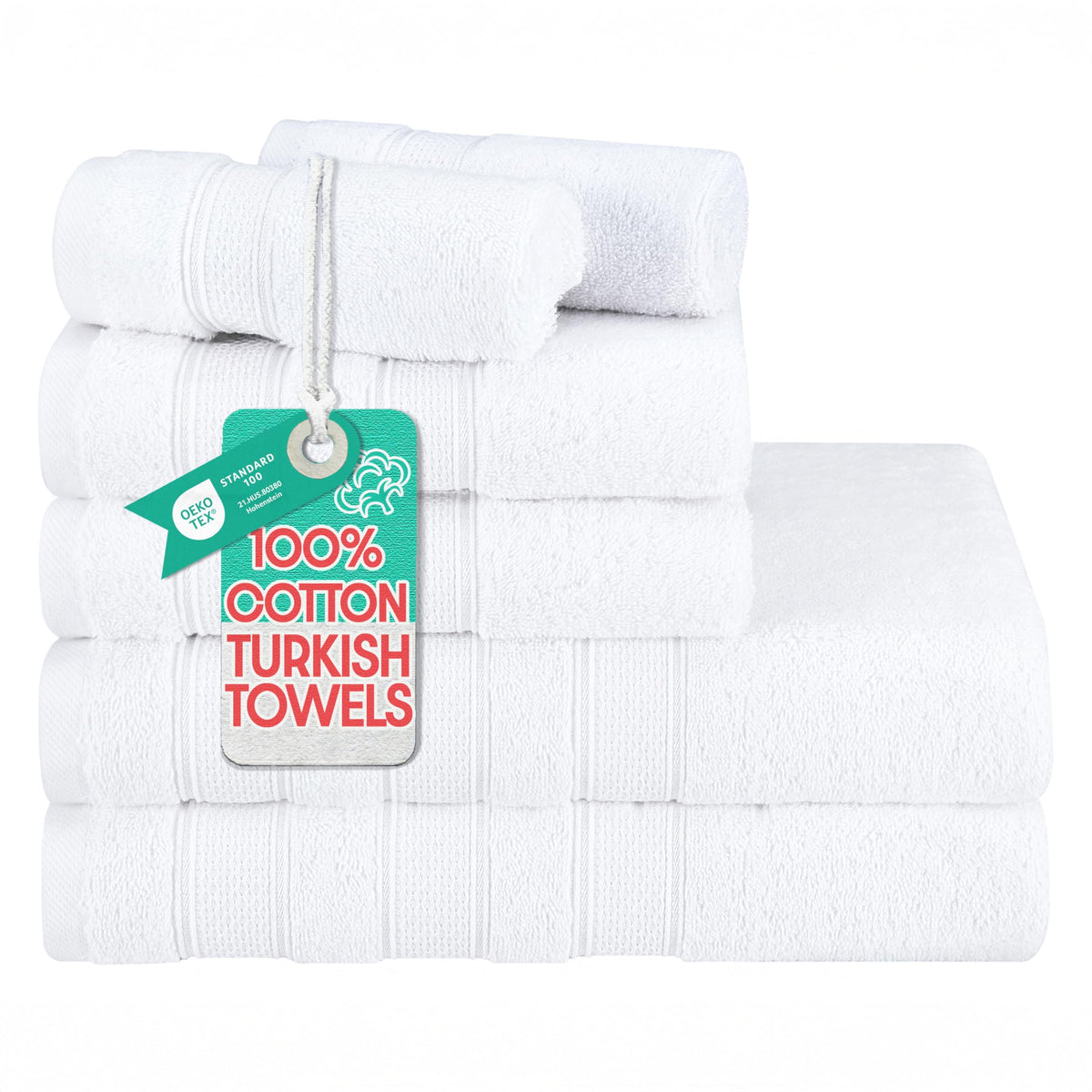 American Soft Linen Salem Turkish Bath Towel Set, 100% Cotton 600 GSM 6 Piece Towels for Bathroom, 2 Bath Towels 2 Hand Towels 2 Washcloths, White