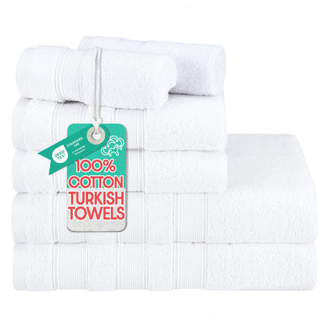American Soft Linen Salem Turkish Bath Towel Set, 100% Cotton 600 GSM 6 Piece Towels for Bathroom, 2 Bath Towels 2 Hand Towels 2 Washcloths, White