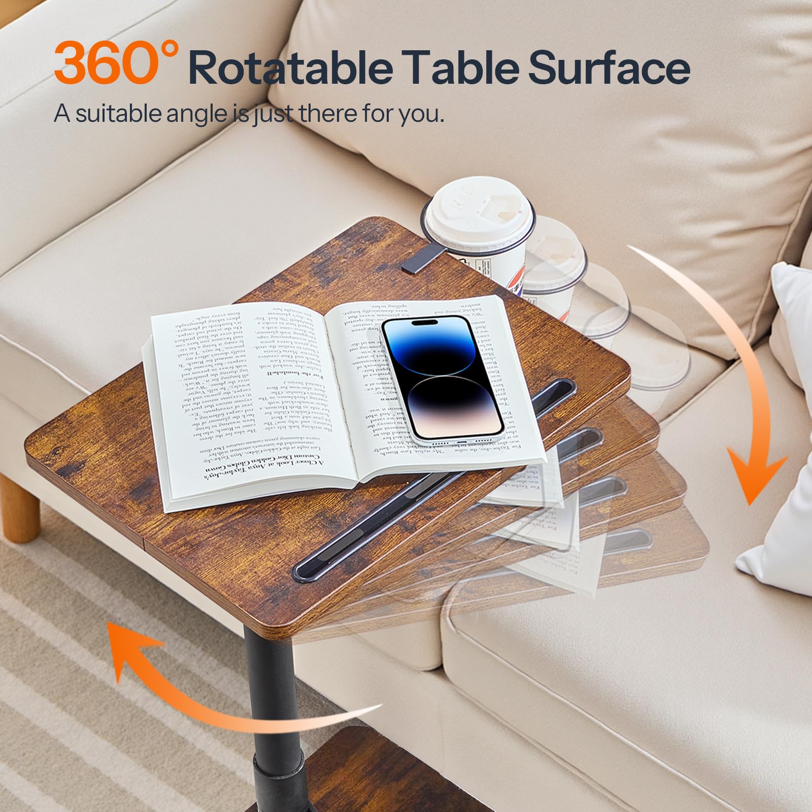 HOOBRO C Shaped Side Table, Height Adjustable Bedside Table, 360° Rotating Sofa Table Laptop Tables with Detachable Cup Holder and Tablet Slot