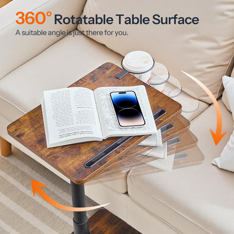 HOOBRO C Shaped Side Table, Height Adjustable Bedside Table, 360° Rotating Sofa Table Laptop Tables with Detachable Cup Holder and Tablet Slot