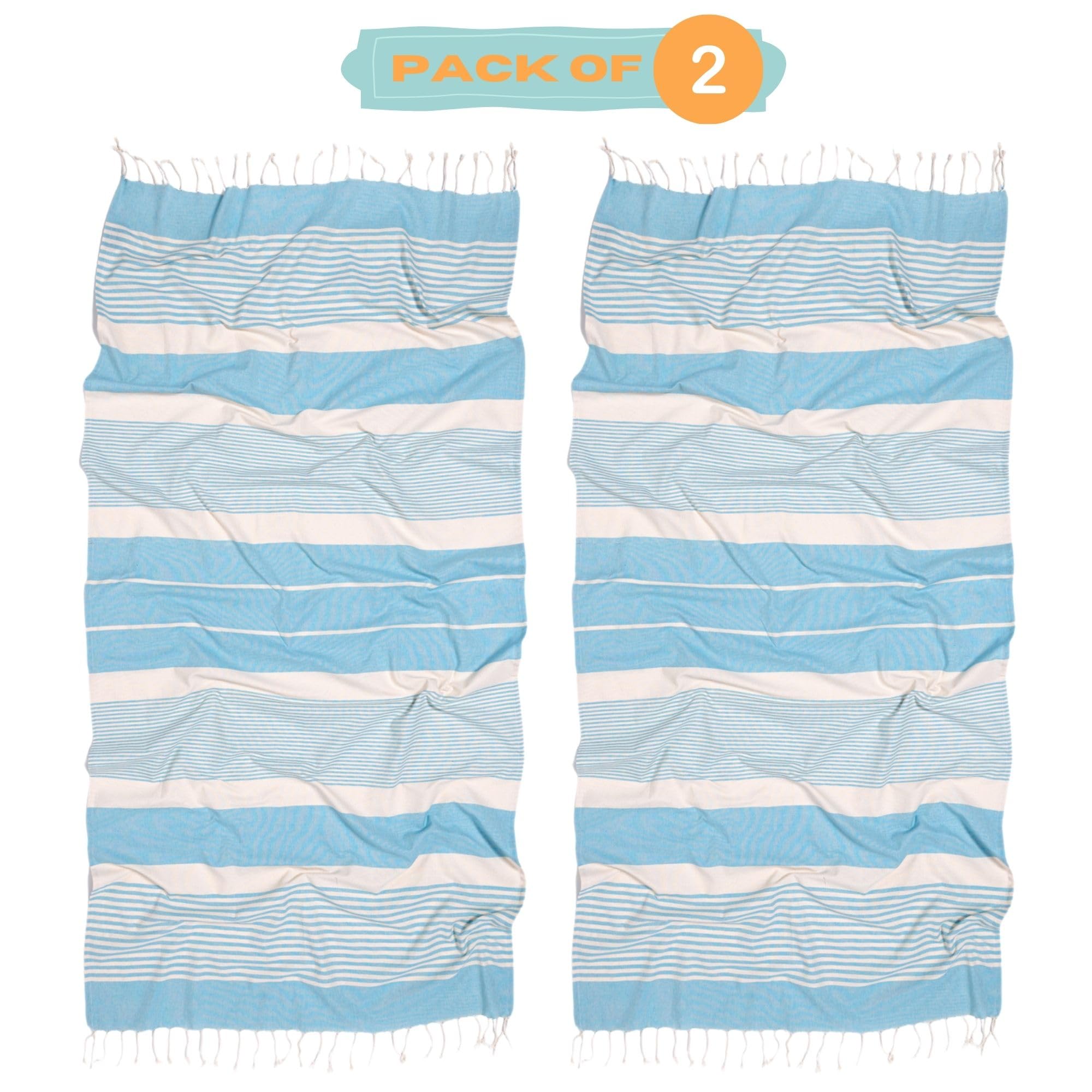 MOMOMUS 2 Pack XL Fouta or Cotton Beach Towels for Adults - Compact, Ultra-Soft, Absorbent - Extra Large Beach Towels for Adults - Turquoise 90x180cm