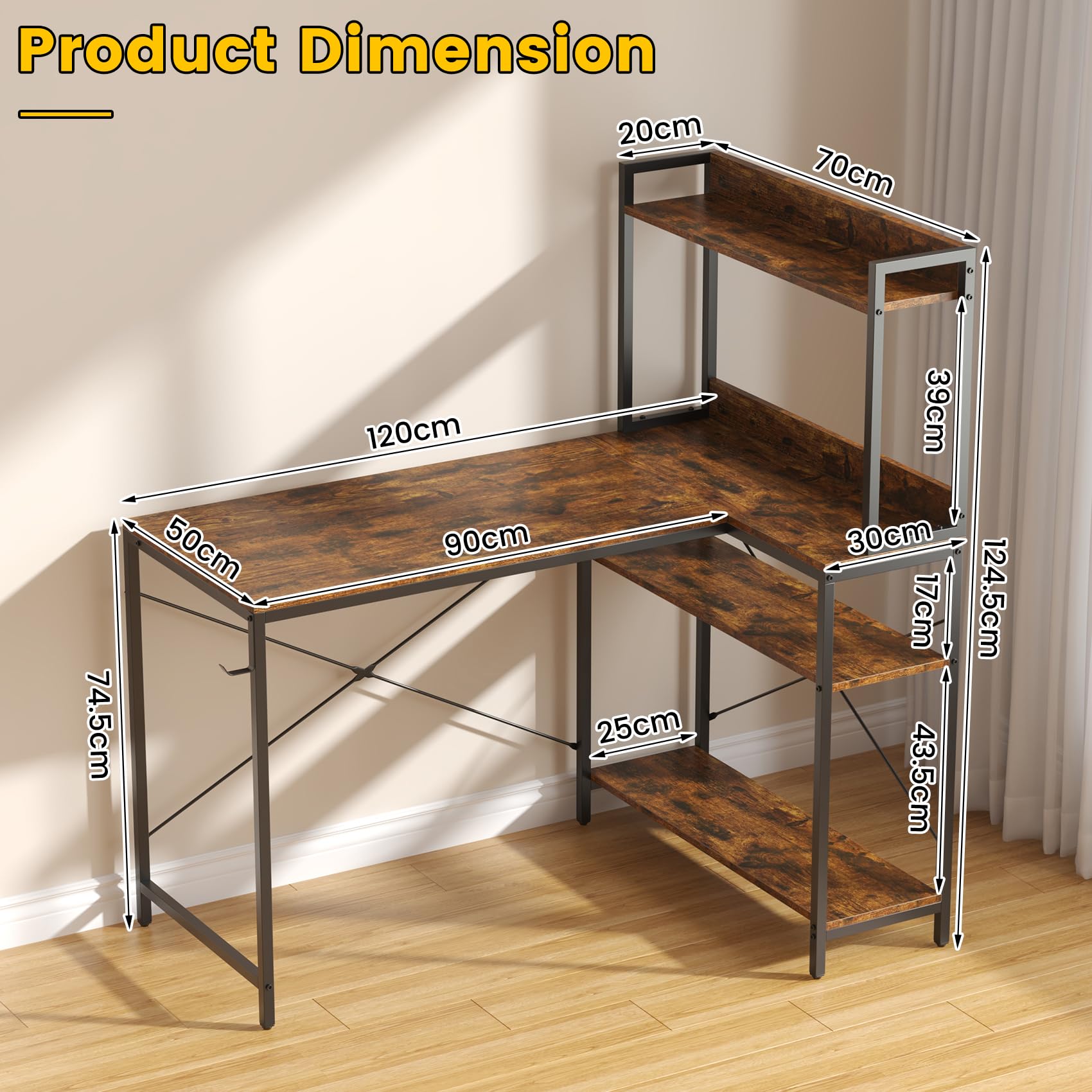 Feonase 47" L-Shaped Computer Desk Gaming Desk with Durable Metal Frame, Corner Desk with 4 Sheves and Hook