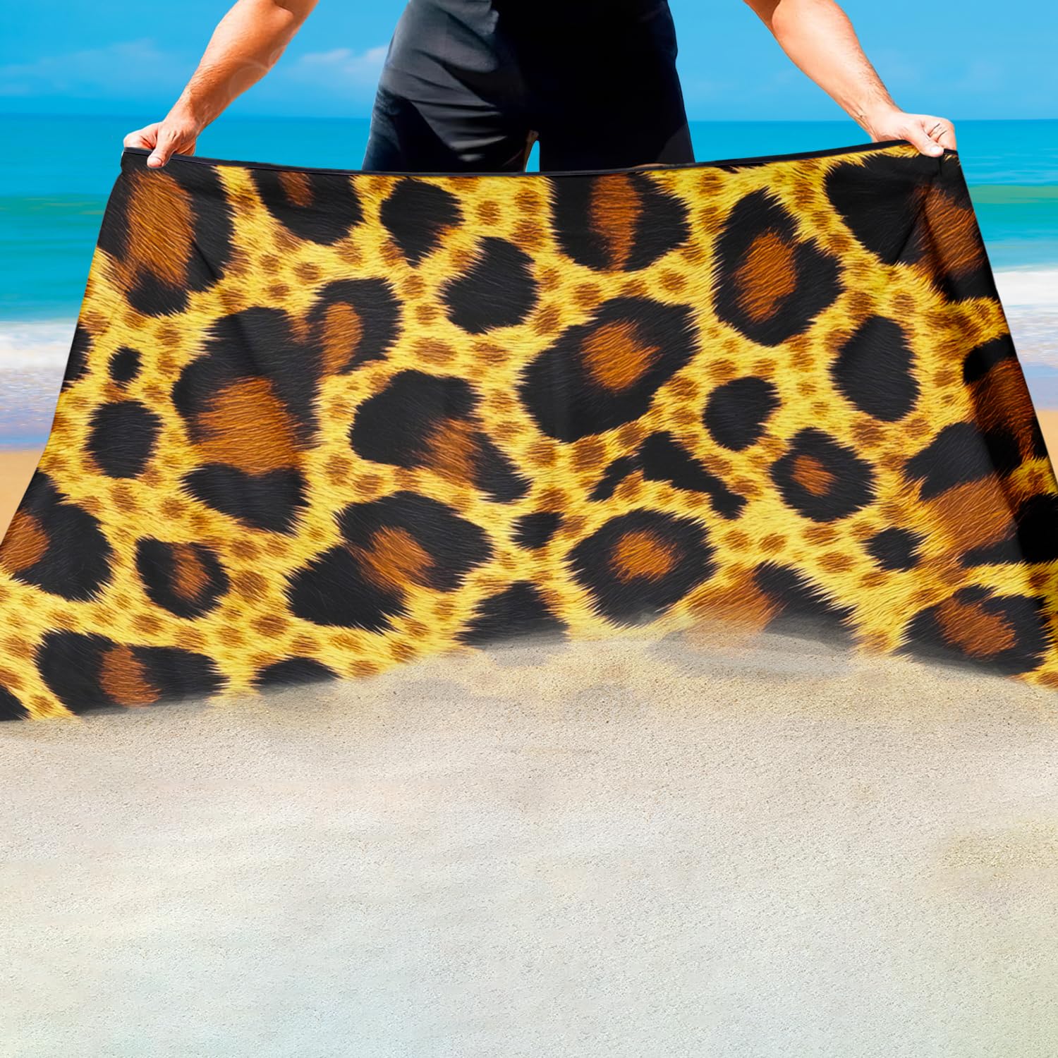 Violetpos Realistic Leopard Fur Print Beach Towel, Extra Large 180x90 cm 250GSM Microfibre, Sand Free Quick Dry