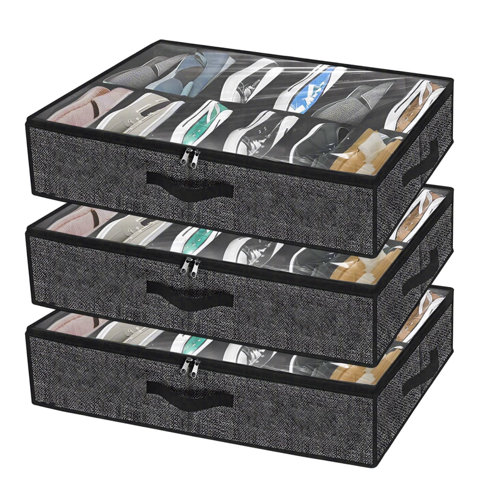 APACALI Under Bed Shoe Storage Set of 3, Fits 36 Pairs Total, Under Bed Shoe Storage Oorganiser with Lid & Handles